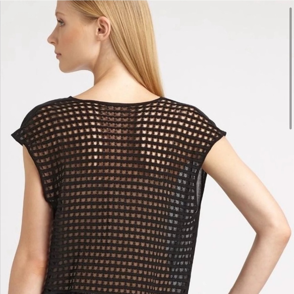 Eileen Fisher Sheer Cotton Mesh Asymmetrical Split Hem Cap Sleeve Tunic black M